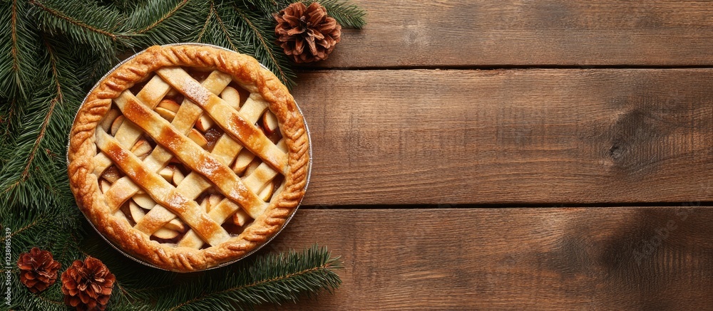 Traditional apple pie with lattice crust on wooden table with pine branches and pine cones Copy Space Traditional apple pie with lattice crust on wooden table with pine branches and pine cones Copy Space