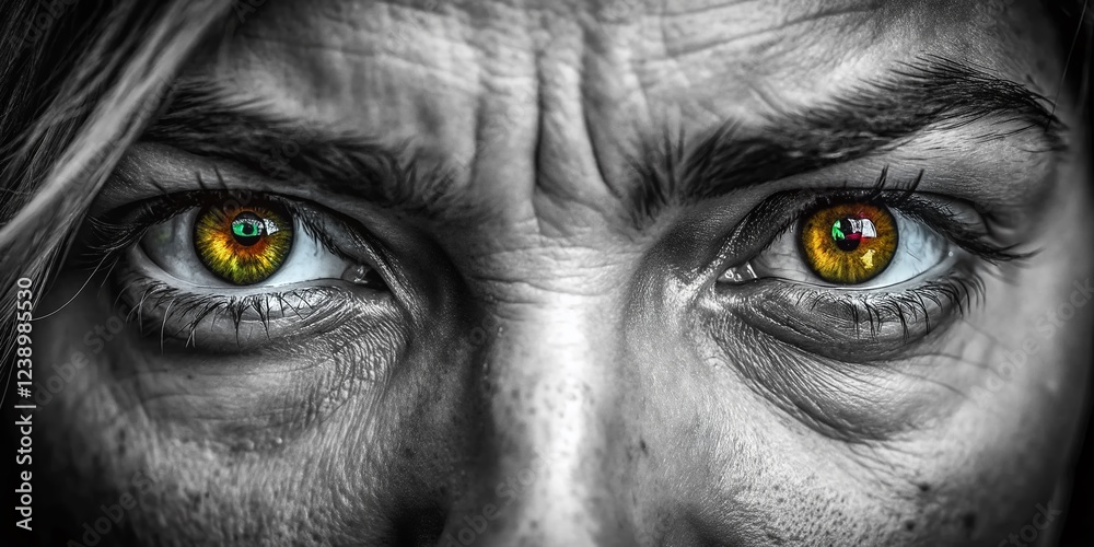 Obraz premium Intense Gaze: Close-up of Sharingan-like Eyes in Black and White Documentary Style