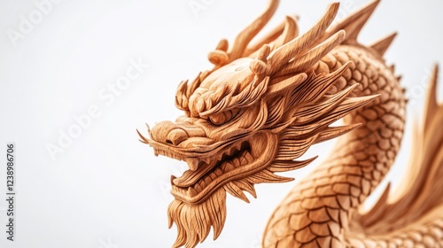 Wooden dragon sculpture with intricate details and textures, showcasing craftsmanship and artistry in a light background, Copy Space. photo