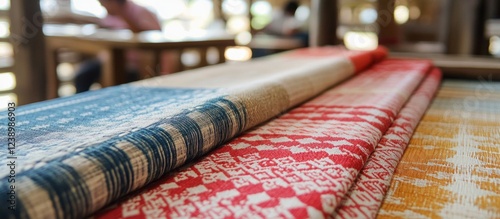 Colorful woven textiles stacked on wooden table with blurred background showcasing craft and traditional patterns Copy Space photo