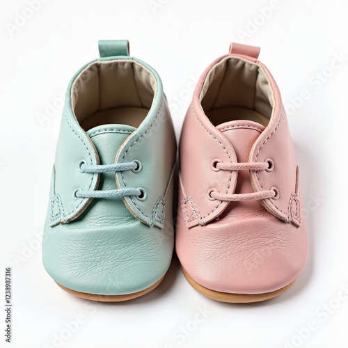 Soft-Sole Baby Shoes in Pink and Mint Green: Sleek Lace-Up Design on White Background photo