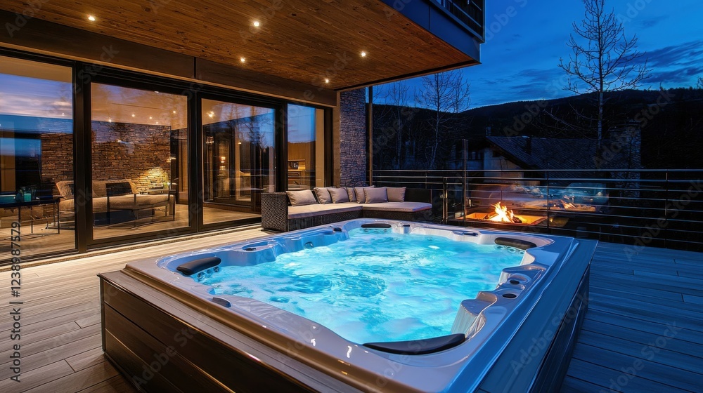 Obraz premium Luxury Hot Tub on Modern Deck at Dusk with Mountain View
