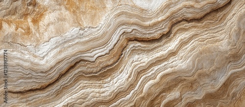 Abstract geological texture of layered sedimentary rock featuring intricate patterns and natural tones of beige and brown with Copy Space.