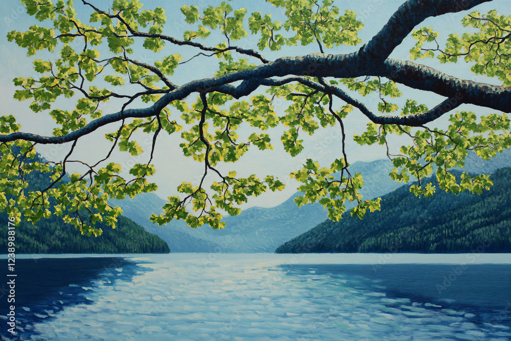 a painting of a tree over a lake a painting of a tree over a lake