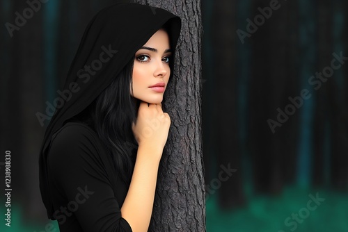 woman leaning on tree in peaceful forest