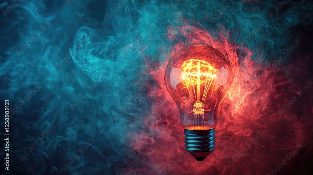 Glowing light bulb surrounded by vibrant blue and red smoke on dark background with Copy Space for text placement Glowing light bulb surrounded by vibrant blue and red smoke on dark background with Copy Space for text placement