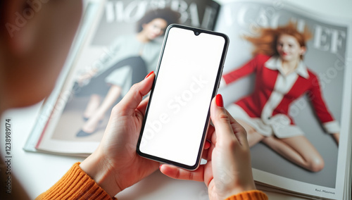 in his hand is a phone with a white screen on the background of a fashion magazine
