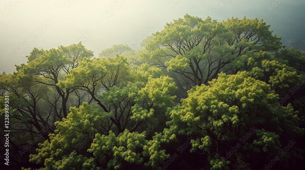 Fototapeta premium Lush green forest canopy emerging from misty morning light