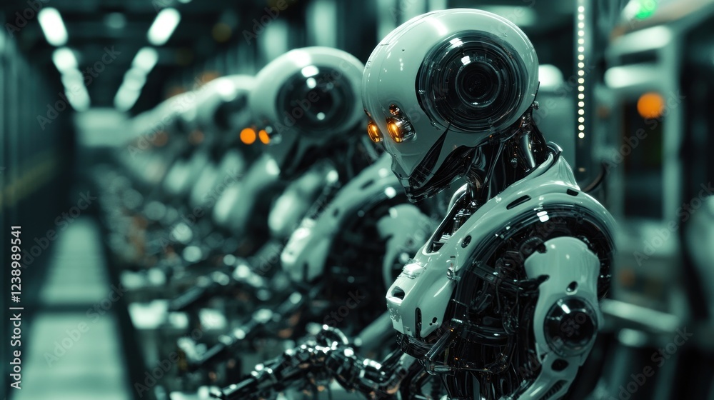 Fototapeta premium A Line Of Advanced Humanoid Robots Stands Ready