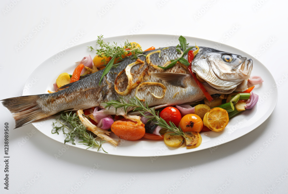 Freshly cooked fish served on platter with colorful vegetables, herbs, and citrus. This vibrant dish showcases healthy and appetizing meal, perfect for seafood lovers Freshly cooked fish served on platter with colorful vegetables, herbs, and citrus. This vibrant dish showcases healthy and appetizing meal, perfect for seafood lovers