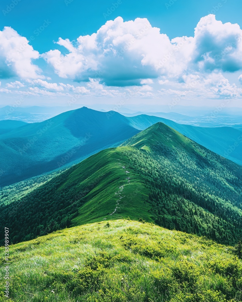 Green mountain ridge with a winding path under a blue sky and puffy white clouds landscape
