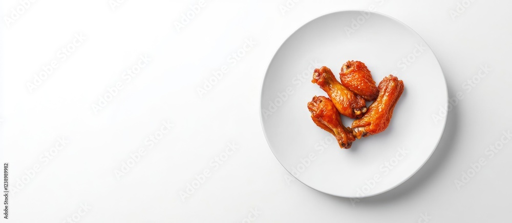 Chicken wings arranged on a white plate with a minimalist background and ample Copy Space for text or branding. Chicken wings arranged on a white plate with a minimalist background and ample Copy Space for text or branding.