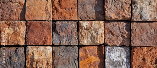 Textured arrangement of natural stone tiles in various earthy colors with visible patterns and grain, ideal for backgrounds and surfaces, Copy Space photo