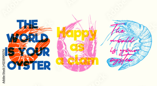 a set of prints for clothes or souvenirs in the risograph style. Three prints in pink and blue colors in the retro style of the 80s with shrimps and motivational phrases.