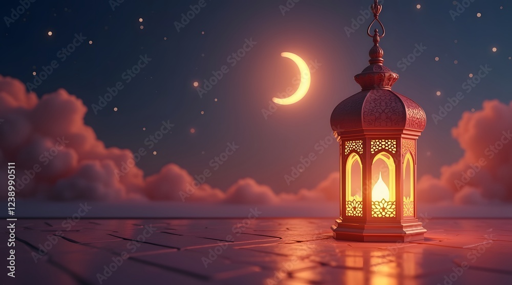 Fototapeta premium Ramadan Mubarak Lantern Decoration with Moon Ornament in the Sky - Soft Glow Elegant Design with Copy Space on Left Ramadan Concept Banner Background Poster Generative AI
