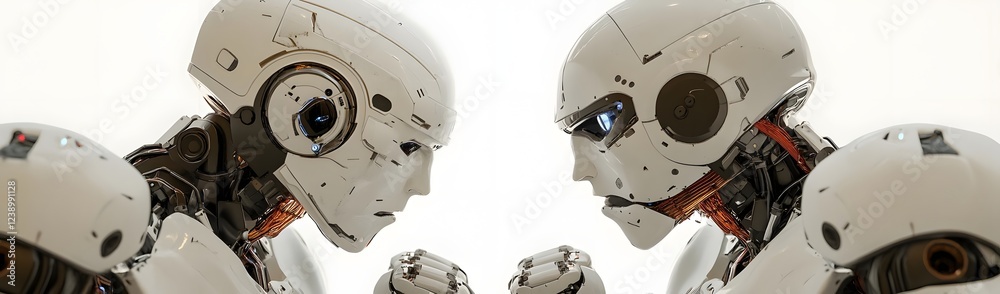 Fototapeta premium Two humanoid robots facing each other in a tense standoff, showcasing advanced technology and design