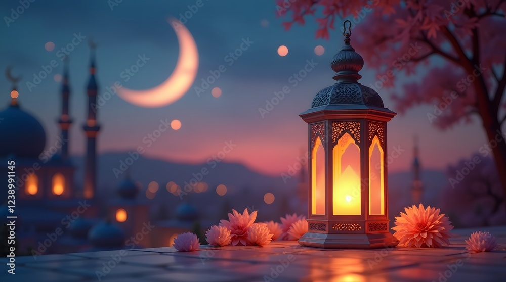 Ramadan Mubarak Lantern Decoration with Moon Ornament Soft Glow Elegant Design Copy Space on Left Ramadan Concept Banner Background Poster Generative AI Ramadan Mubarak Lantern Decoration with Moon Ornament Soft Glow Elegant Design Copy Space on Left Ramadan Concept Banner Background Poster Generative AI