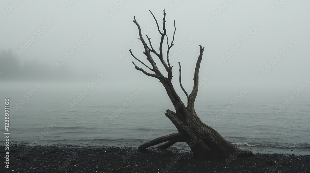Lonely driftwood on a gray, foggy beach, with faint waves in the background Lonely driftwood on a gray, foggy beach, with faint waves in the background