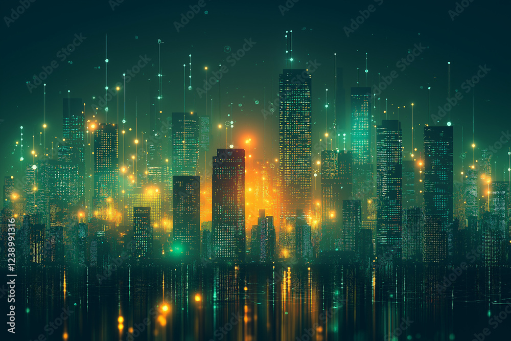 Fototapeta premium Digital cityscape with glowing data connections and buildings.