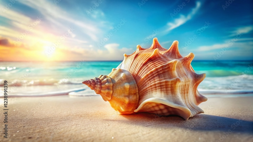 Isolated Seashell on Sandy Beach, Summer Ocean Coastal Nature Stock Photo Isolated Seashell on Sandy Beach, Summer Ocean Coastal Nature Stock Photo