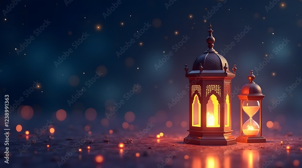 Fototapeta premium Ramadan Kareem Luminous Lantern Moon Ornament and Hourglass Peaceful Starry Night with Copy Space for Spiritual Messages Ramadan Concept Banner Background Poster Generative AI