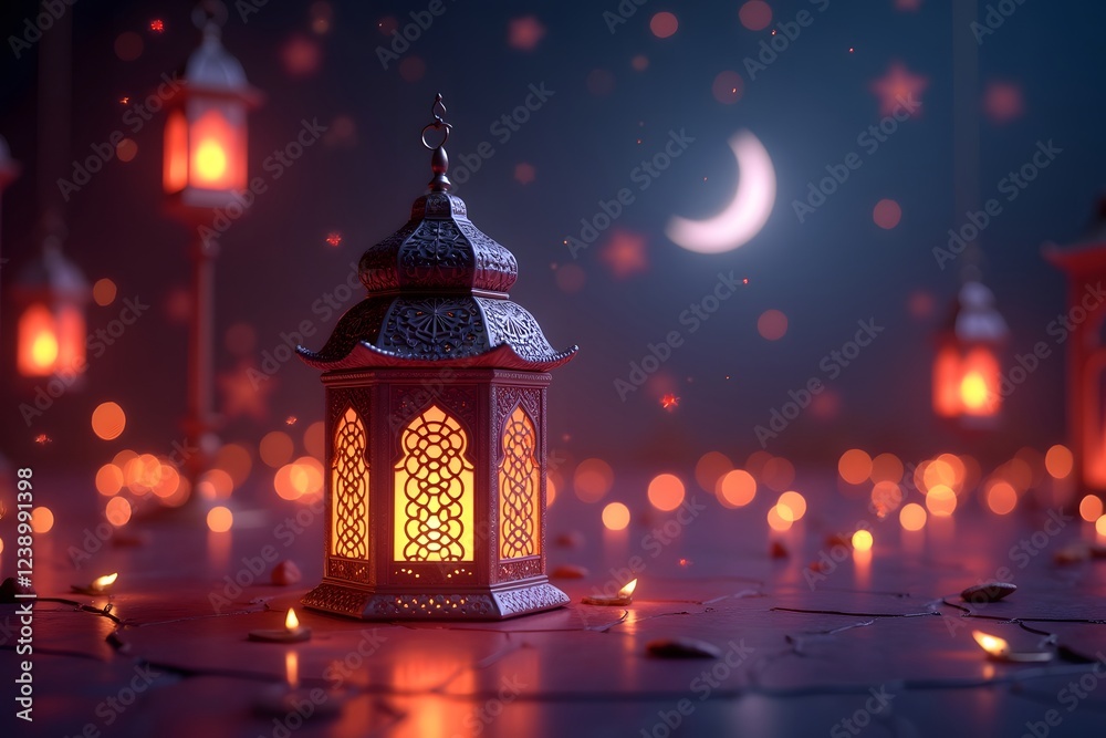 Ramadan Mubarak 3D Lantern with Moon Ornament and Starry Night Glow - Ramadan Concept Banner Background Poster for Festive Decoration Generative AI Ramadan Mubarak 3D Lantern with Moon Ornament and Starry Night Glow - Ramadan Concept Banner Background Poster for Festive Decoration Generative AI