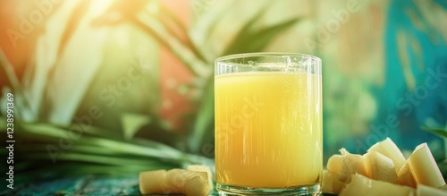 Freshly squeezed yellow juice in a glass with sugarcane pieces on a colorful blurred background Copy Space photo