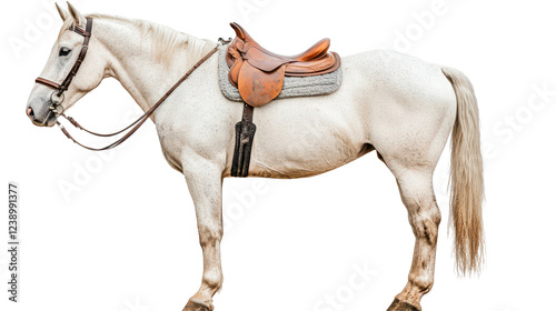 saddled horse standing gracefully, ready for ride in serene setting