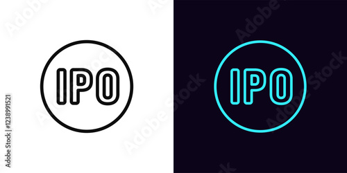 Outline IPO icon, with editable stroke. Round tag for Initial public offering. New public company on stock market, attract funding with IPO, investments in business, shares trade launch. Vector icon