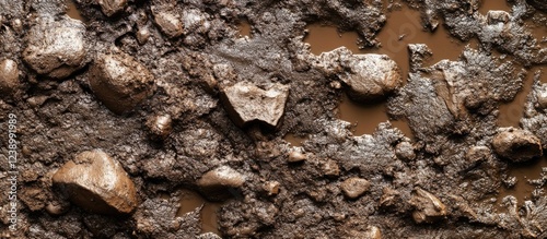 Textured earthy surface with rocks and mud, suitable for backgrounds and organic themes, Copy Space available. photo