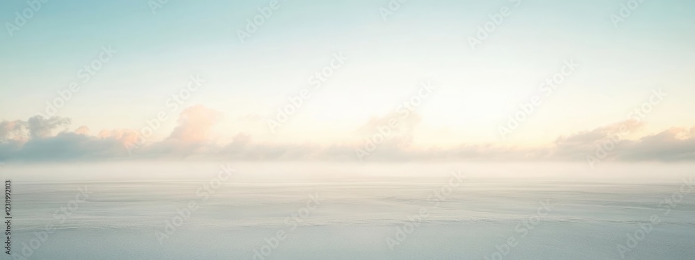 Pano view of misty ocean horizon at dawn with soft pastel colors in the sky and calm water surface Copy Space Pano view of misty ocean horizon at dawn with soft pastel colors in the sky and calm water surface Copy Space