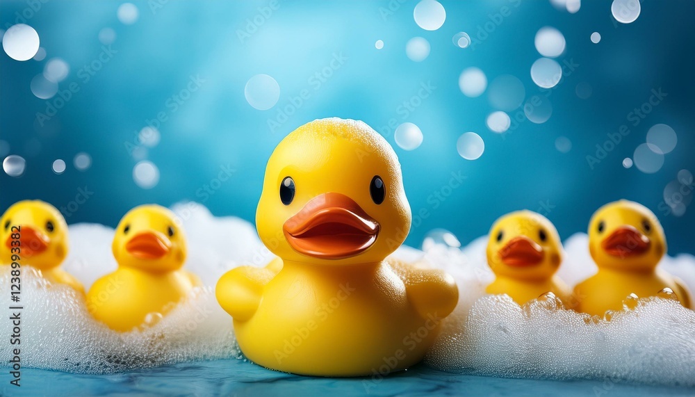 cute yellow rubber duck on the light blue blurred background with other ducks and bath foam background with copy space cute yellow rubber duck on the light blue blurred background with other ducks and bath foam background with copy space