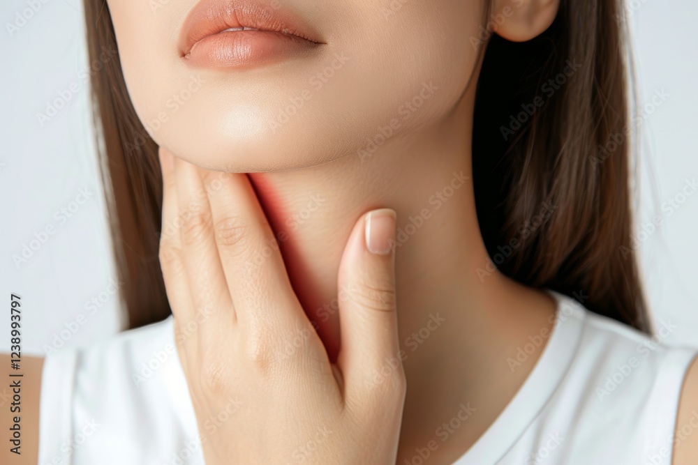Young woman touching her neck due to discomfort and pain on a light gray background. Close-up Young woman touching her neck due to discomfort and pain on a light gray background. Close-up
