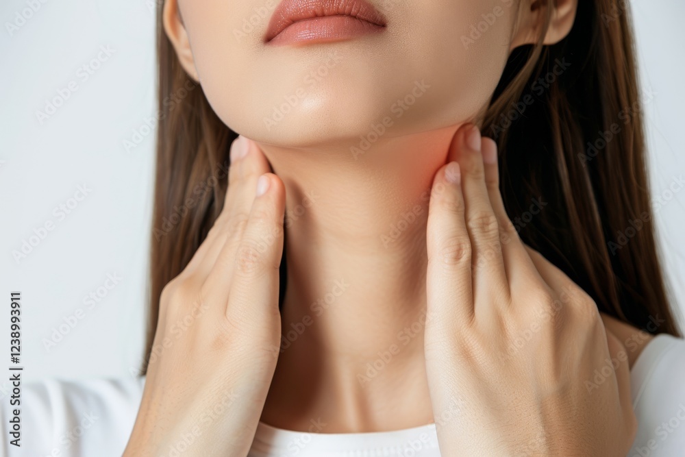 Woman gently touching her neck, indicating discomfort while seeking relief from soreness in a calm indoor environment. Close-up Woman gently touching her neck, indicating discomfort while seeking relief from soreness in a calm indoor environment. Close-up