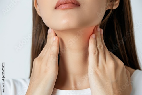 Woman gently touching her neck, indicating discomfort while seeking relief from soreness in a calm indoor environment. Close-up