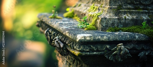 Moss covered stone monument with intricate carvings surrounded by green foliage in natural light with Copy Space photo