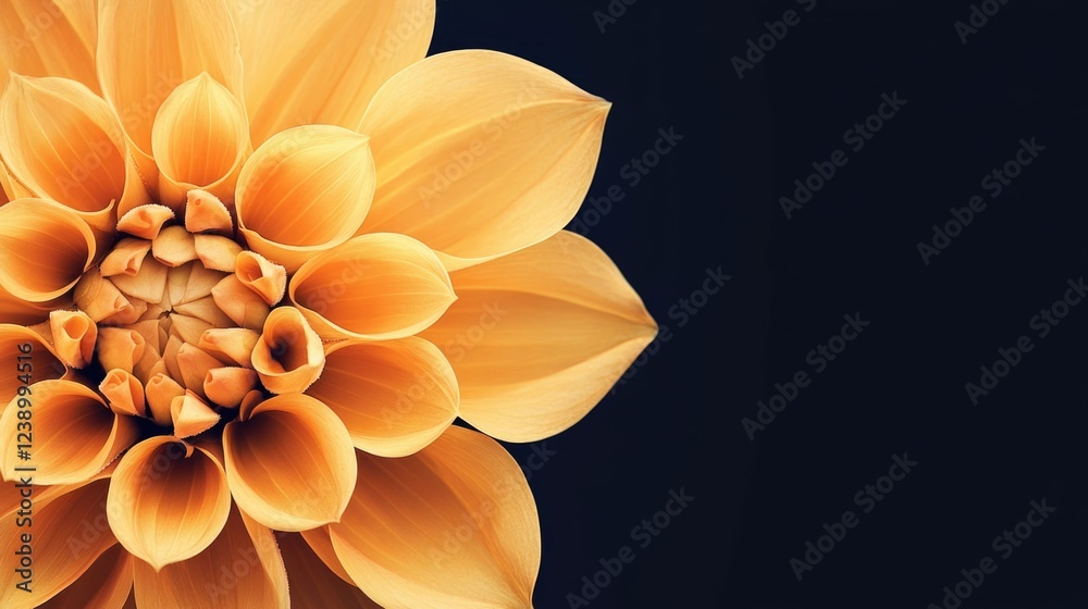 Yellow flower close-up on dark background showcasing intricate petals and fine details with copy space for text placement Yellow flower close-up on dark background showcasing intricate petals and fine details with copy space for text placement