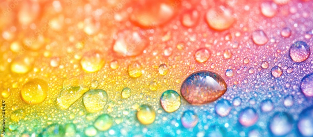 Colorful water droplets on a gradient rainbow background with soft focus and texture, potential for Copy Space. Colorful water droplets on a gradient rainbow background with soft focus and texture, potential for Copy Space.