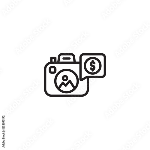 A camera icon displaying a landscape image (mountains/sun) on its screen, with a speech bubble containing a dollar sign ($) next to it. Represents selling photos, monetizing photography, or pricing na