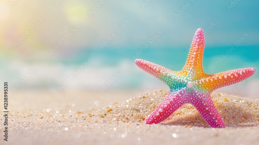 Colorful starfish on sandy beach with a blurred ocean background during sunlight daytime Copy Space Colorful starfish on sandy beach with a blurred ocean background during sunlight daytime Copy Space