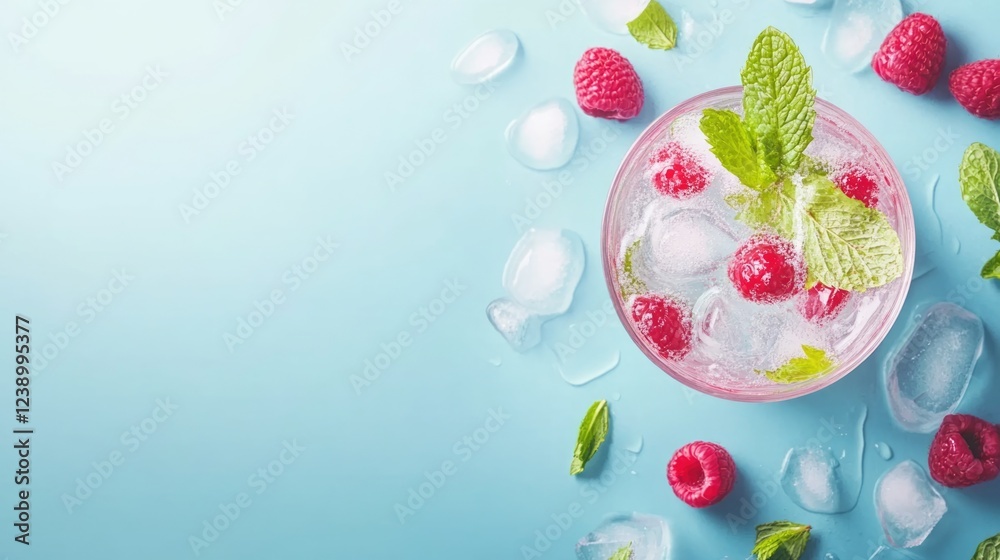 Refreshing raspberry cocktail with mint leaves and ice cubes on a light blue background with Copy Space for text placement. Refreshing raspberry cocktail with mint leaves and ice cubes on a light blue background with Copy Space for text placement.