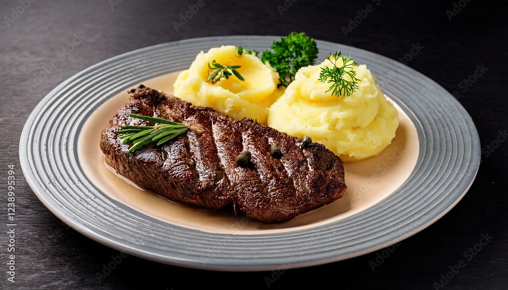 grilled steak with mashed potatoes on plate grilled steak with mashed potatoes on plate