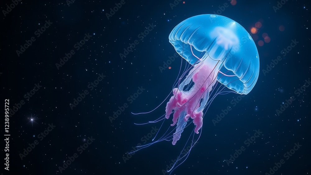 Naklejka premium Glowing Jellyfish in the Deep Sea � Bioluminescent Aquatic Background