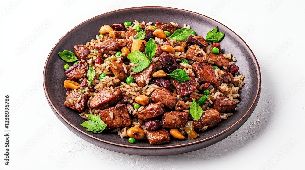 Delicious Stir-Fried Rice with Tender Beef, Nuts, and Fresh Green Herbs on a Dark Plate Delicious Stir-Fried Rice with Tender Beef, Nuts, and Fresh Green Herbs on a Dark Plate