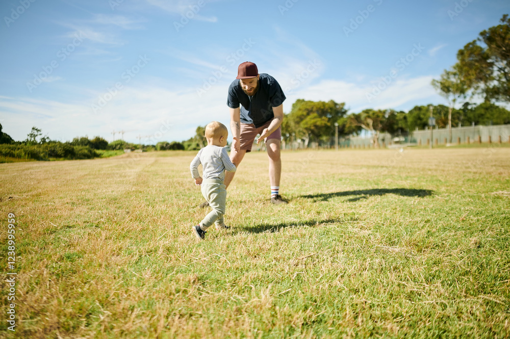 Running, family and baby play with father in park for bonding, quality time and adventure in countryside. Relax, love and happy boy with dad outdoors on holiday, summer vacation and weekend in nature Running, family and baby play with father in park for bonding, quality time and adventure in countryside. Relax, love and happy boy with dad outdoors on holiday, summer vacation and weekend in nature