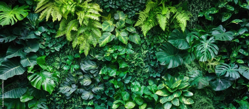 Lush green vertical garden with a variety of tropical plants and ferns natural background Copy Space Lush green vertical garden with a variety of tropical plants and ferns natural background Copy Space