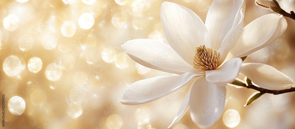 Naklejka premium Elegant Magnolia Bloom Against a Golden Bokeh Background