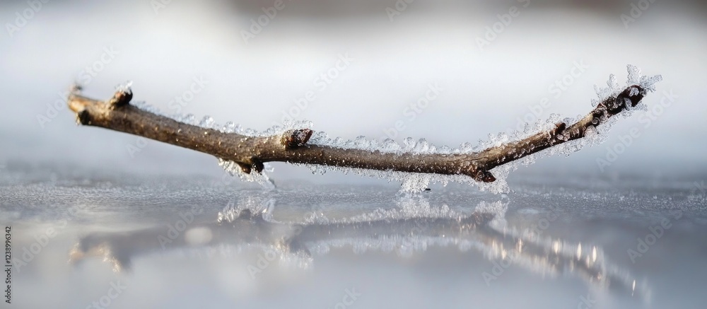 Dried twig with water droplets on a reflective surface with blurred background Copy Space Dried twig with water droplets on a reflective surface with blurred background Copy Space