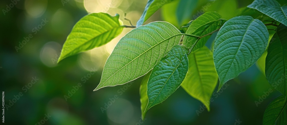 Fototapeta premium Green leaves with intricate textures in a blurred garden background with natural light and Copy Space for text.