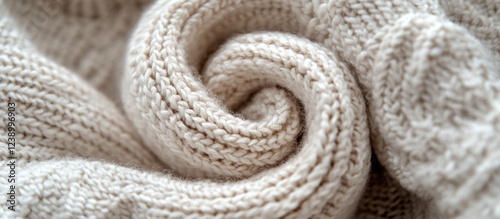 Close-up of rolled beige knitted fabric showing texture and detail with soft focus and ample copy space photo